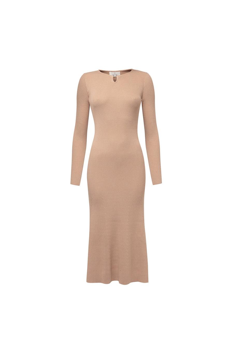 Styleboom X Peraluna DORSET DRESS Toka Detaylı Ribana Örgü Midi Kadın Triko Elbise - Camel