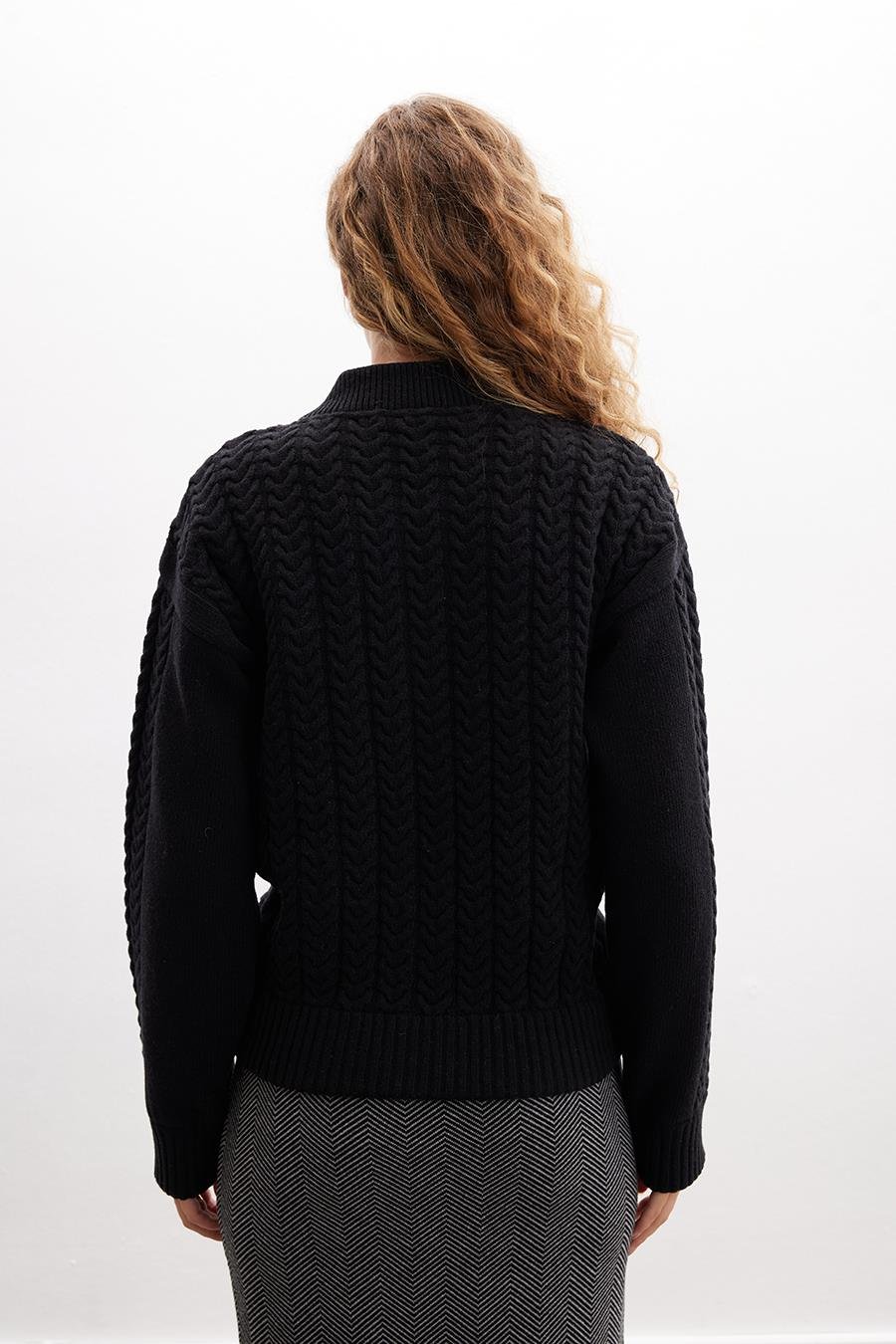 Styleboom X Peraluna DOVER BOMBER JACKET Saç Örgü Triko Bomber Kadın Triko Ceket - Siyah