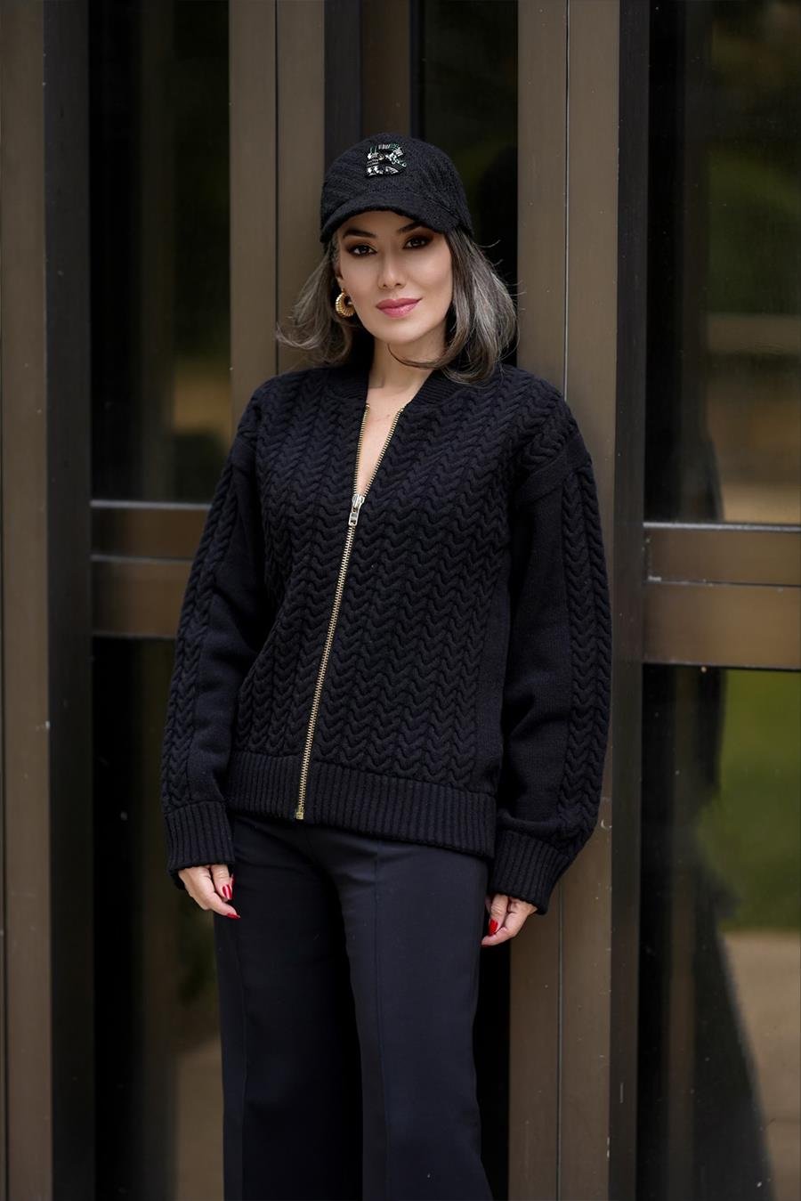 Styleboom X Peraluna DOVER BOMBER JACKET Saç Örgü Triko Bomber Kadın Triko Ceket - Siyah