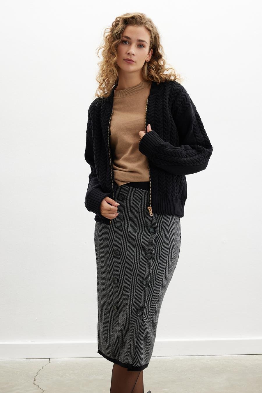 Styleboom X Peraluna DOVER BOMBER JACKET Saç Örgü Triko Bomber Kadın Triko Ceket - Siyah