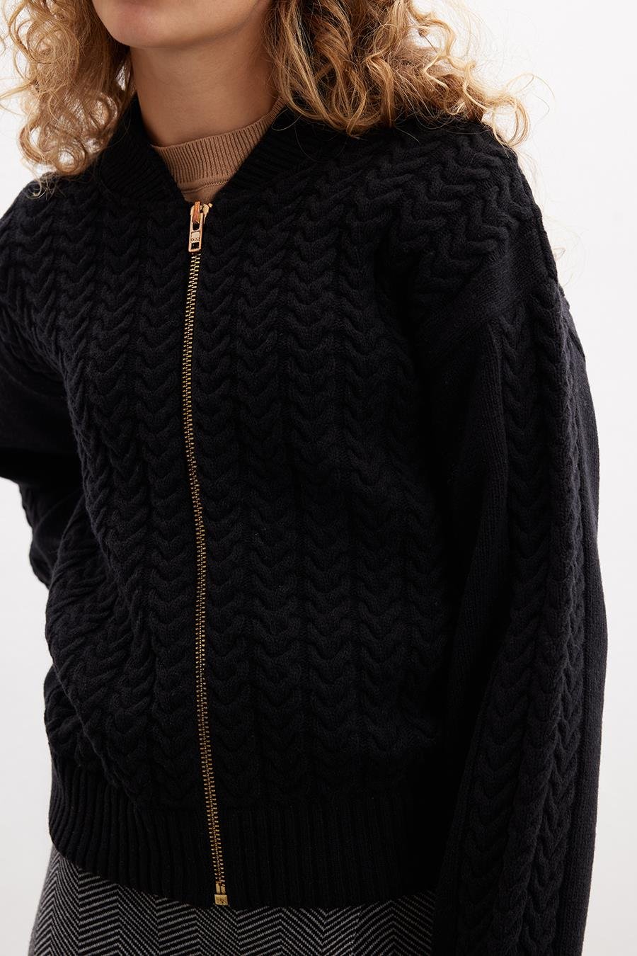 Styleboom X Peraluna DOVER BOMBER JACKET Saç Örgü Triko Bomber Kadın Triko Ceket - Siyah