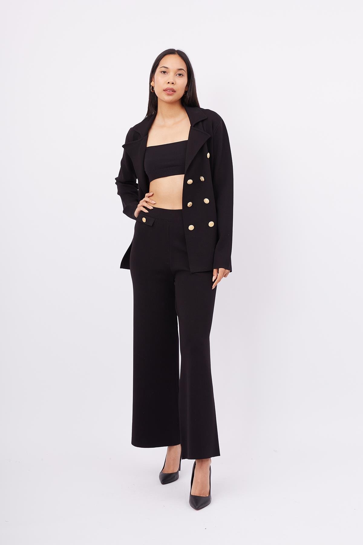 Styleboom X Peraluna KATHERINE BLAZER Çelik Örgü Klasik Kesim Düğmeli Blazer Kadın Triko Ceket - Siyah