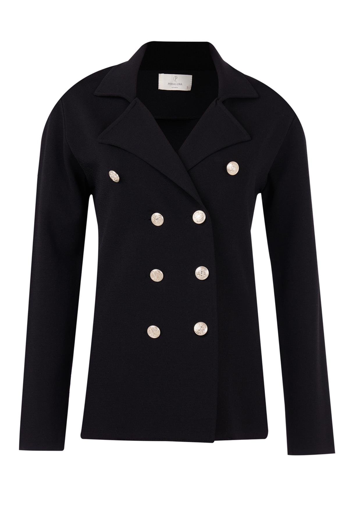 Styleboom X Peraluna KATHERINE BLAZER Çelik Örgü Klasik Kesim Düğmeli Blazer Kadın Triko Ceket - Siyah