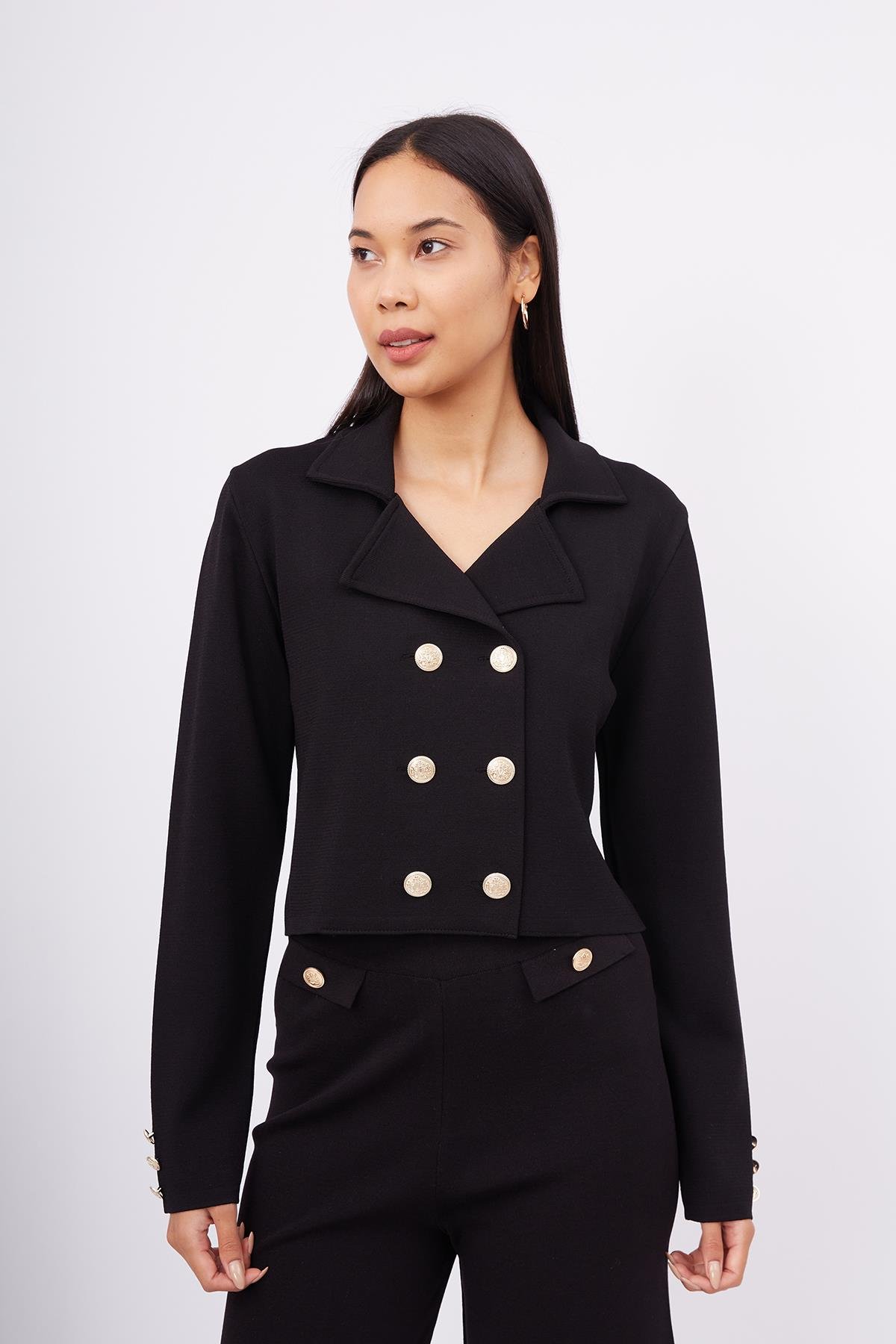 Styleboom X Peraluna KATHY BLAZER Çelik Örgü Crop Kruvaze Blazer Kadın Triko Ceket - Siyah