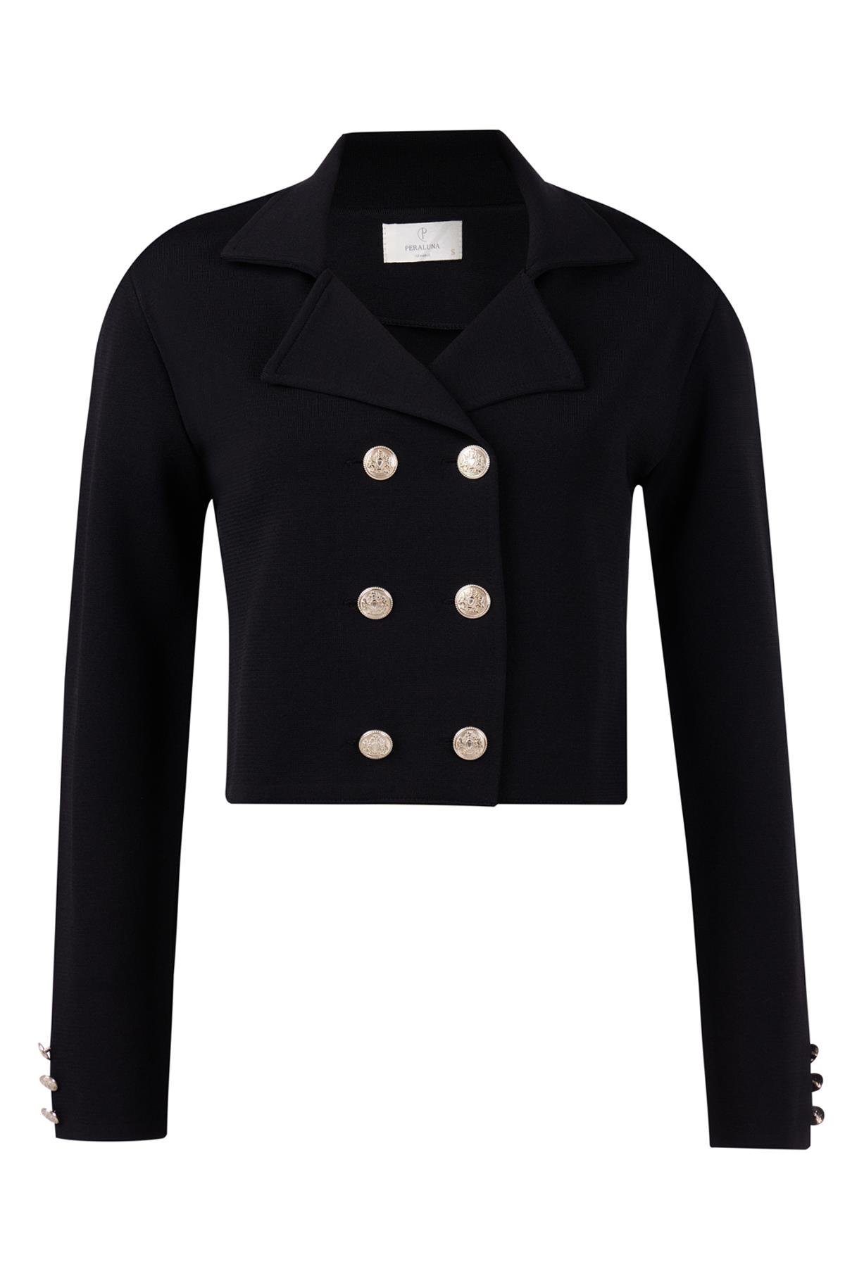 Styleboom X Peraluna KATHY BLAZER Çelik Örgü Crop Kruvaze Blazer Kadın Triko Ceket - Siyah