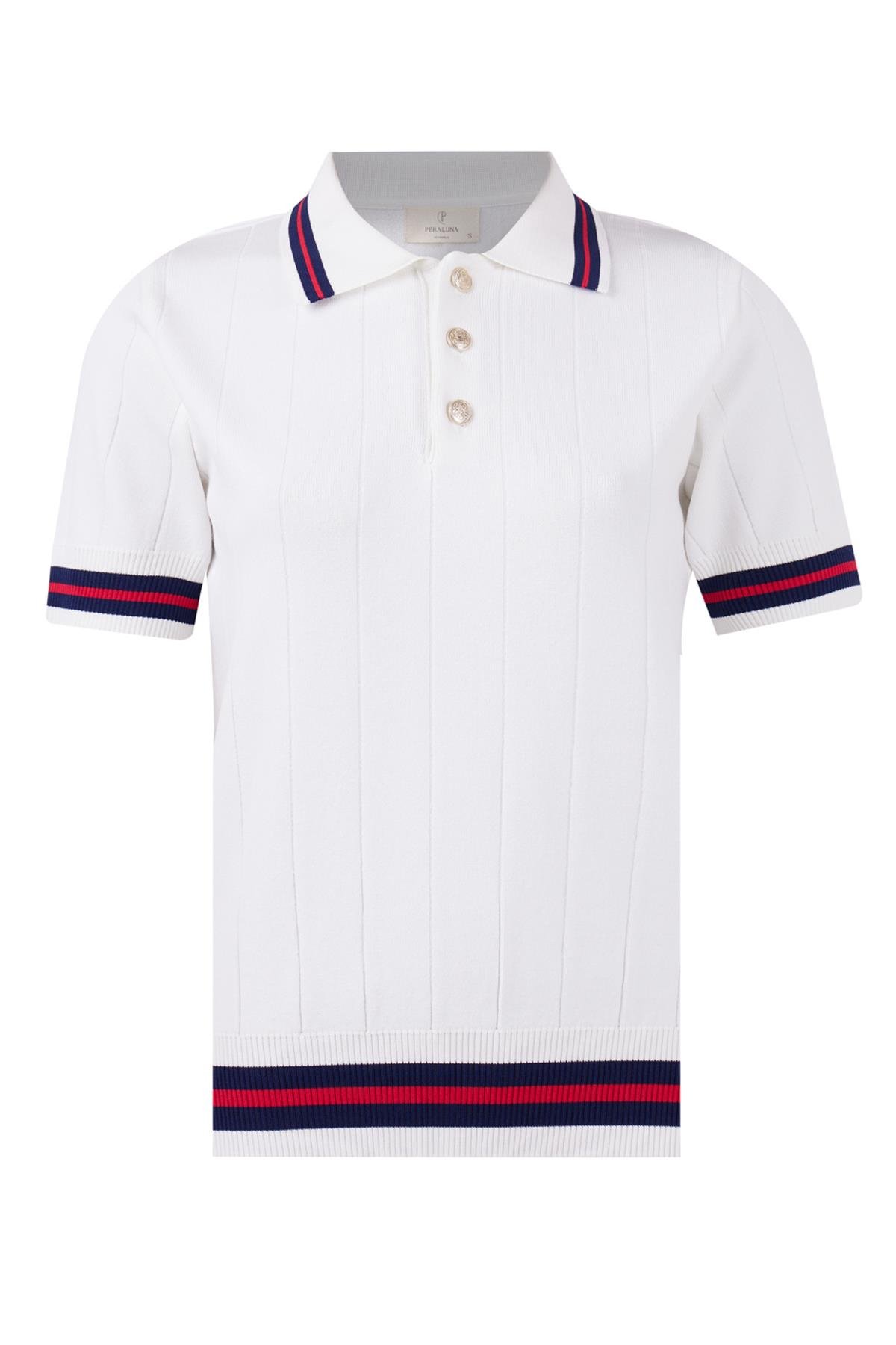 Styleboom X Peraluna LIZA BLOUSE Polo V Yaka Çizgi Detaylı Düğmeli İnce Kadın Triko Bluz - Ekru