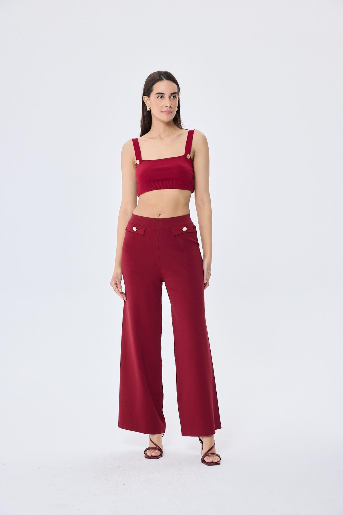 Styleboom X Peraluna MARLENE TROUSER Düğme Detaylı Rahat Kesim Kadın Triko Pantolon - Bordo