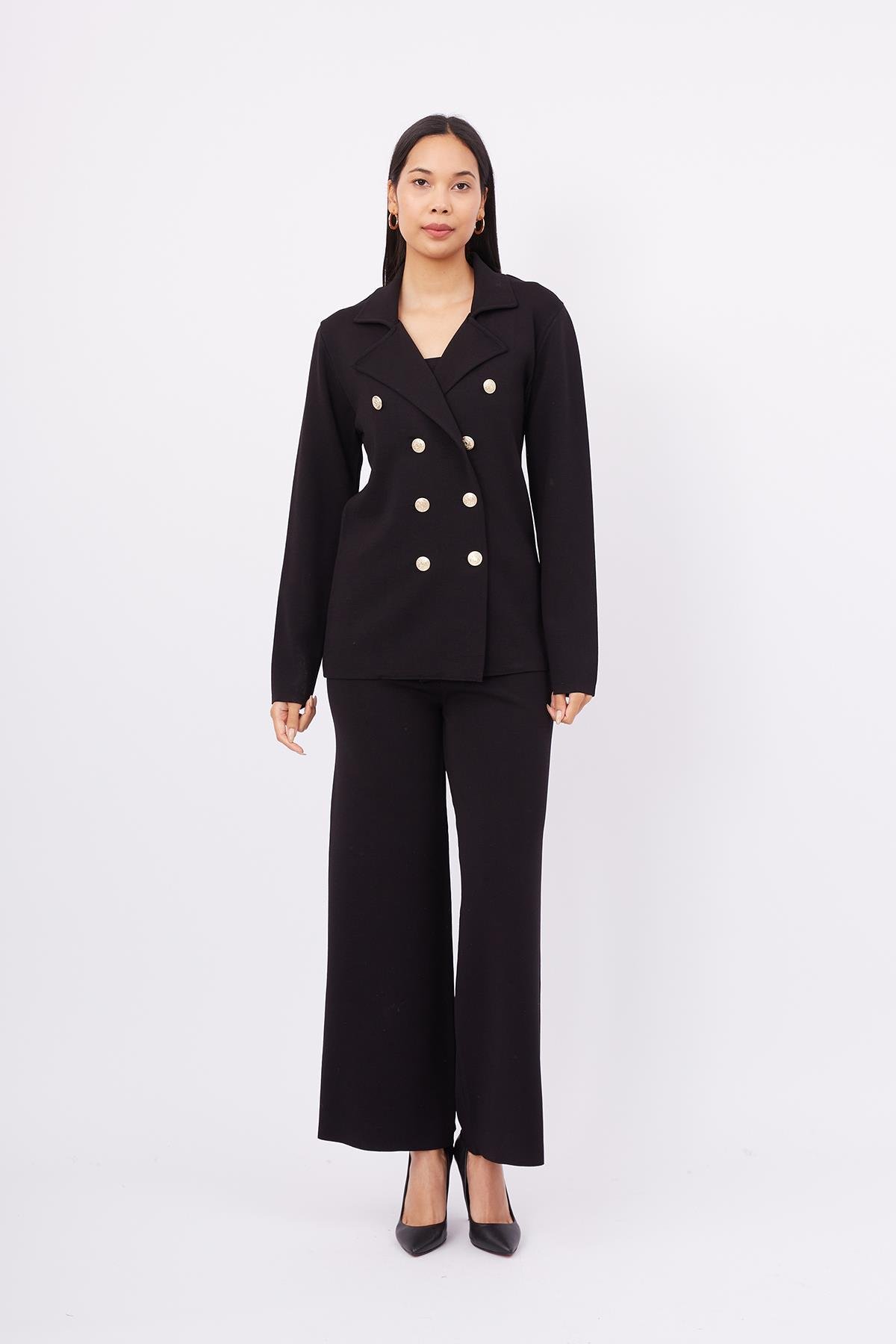 Styleboom X Peraluna MARLENE TROUSER Düğme Detaylı Rahat Kesim Kadın Triko Pantolon - Siyah