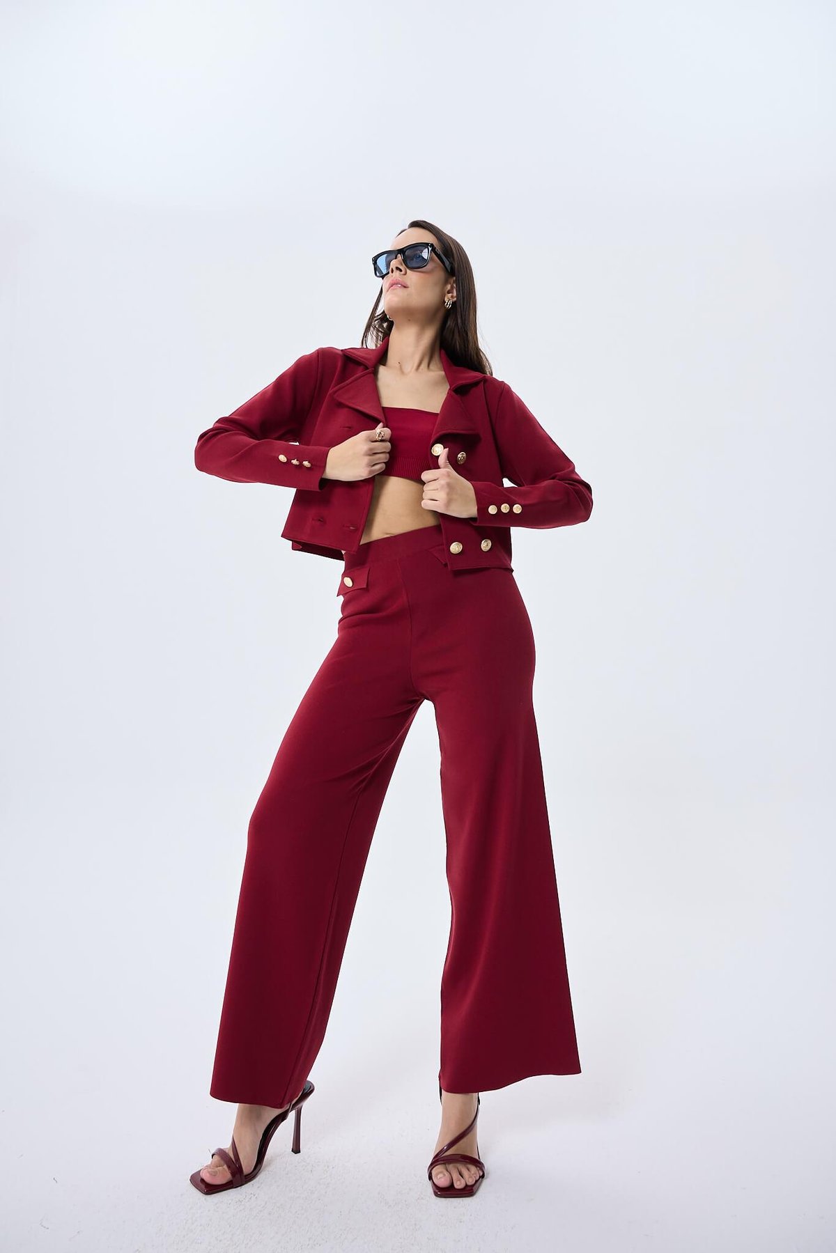 Styleboom X Peraluna MARLENE TROUSER Düğme Detaylı Rahat Kesim Kadın Triko Pantolon - Bordo