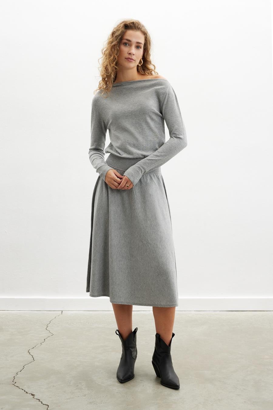 Styleboom X Peraluna MAYFAIR DRESS Yaka Büzgü Detaylı Tek Omuz Açık Kadın Triko Elbise - Gri Melanj