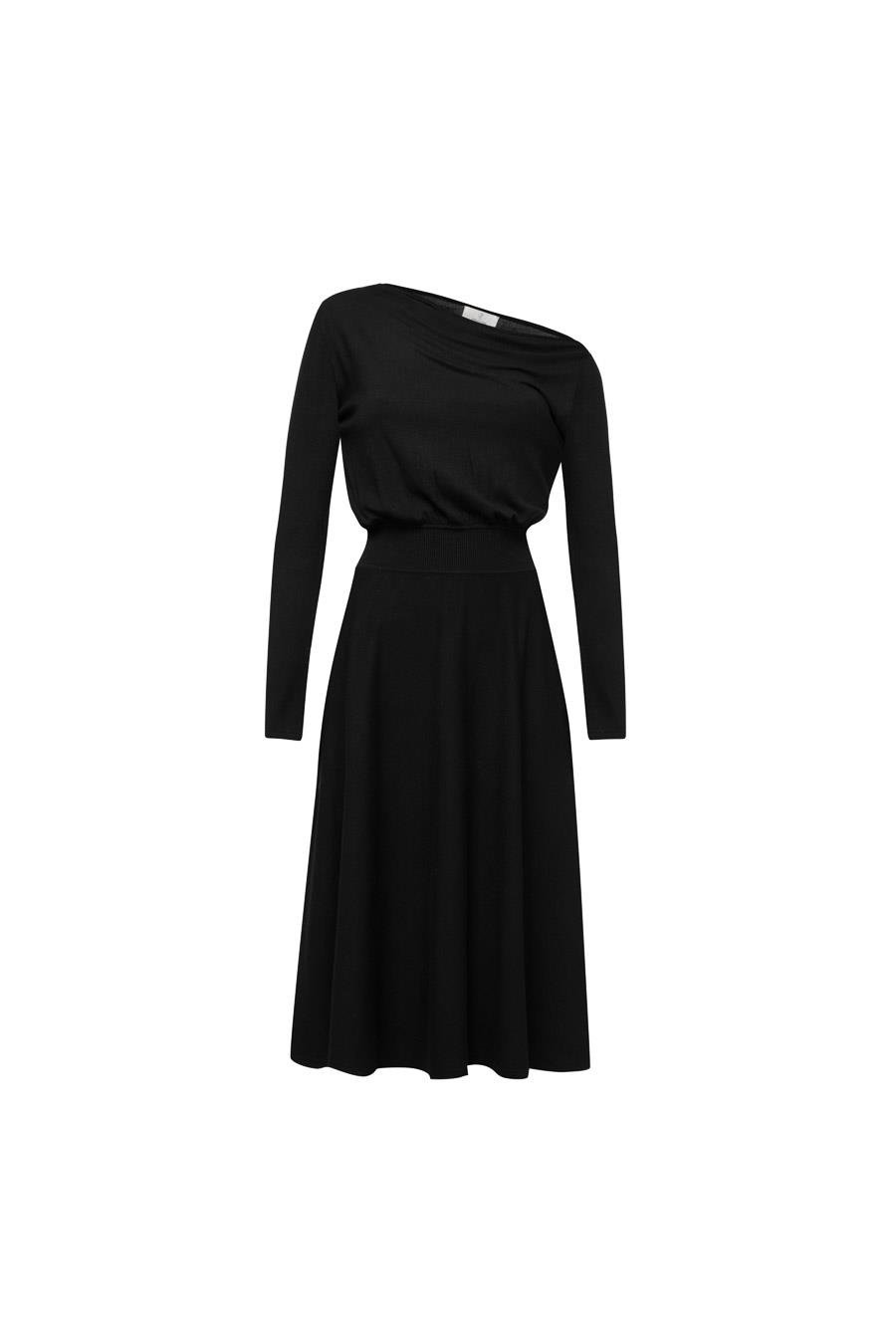 Styleboom X Peraluna MAYFAIR DRESS Yaka Büzgü Detaylı Tek Omuz Açık Kadın Triko Elbise - Siyah