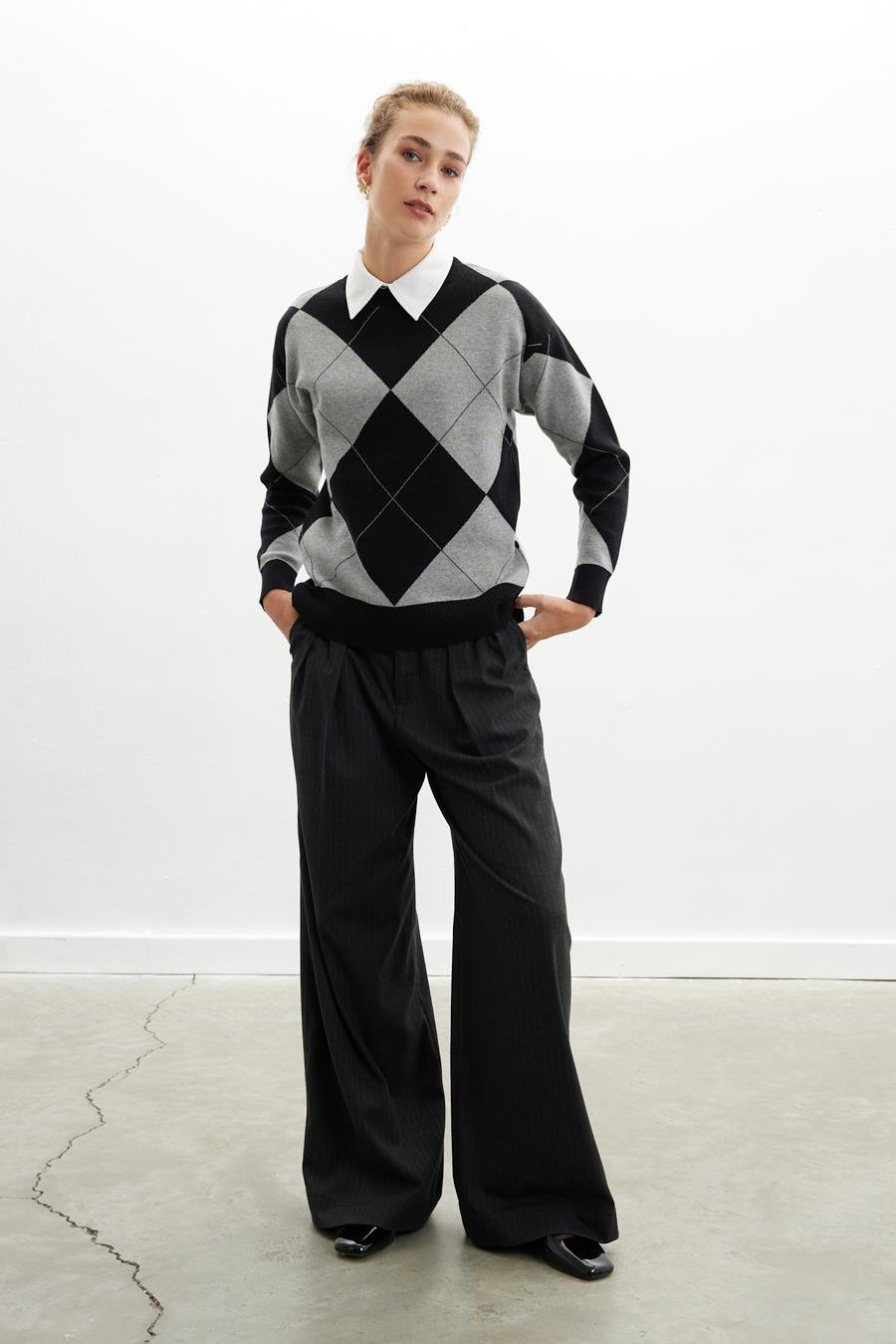 Styleboom X Peraluna OXFORD PULLOVER Bisiklet Yaka Baklava Desen Kadın Triko Kazak - Siyah