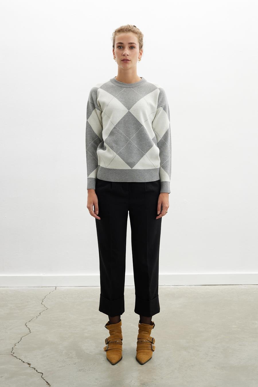 Styleboom X Peraluna OXFORD PULLOVER Bisiklet Yaka Baklava Desen Kadın Triko Kazak - Gri Melanj