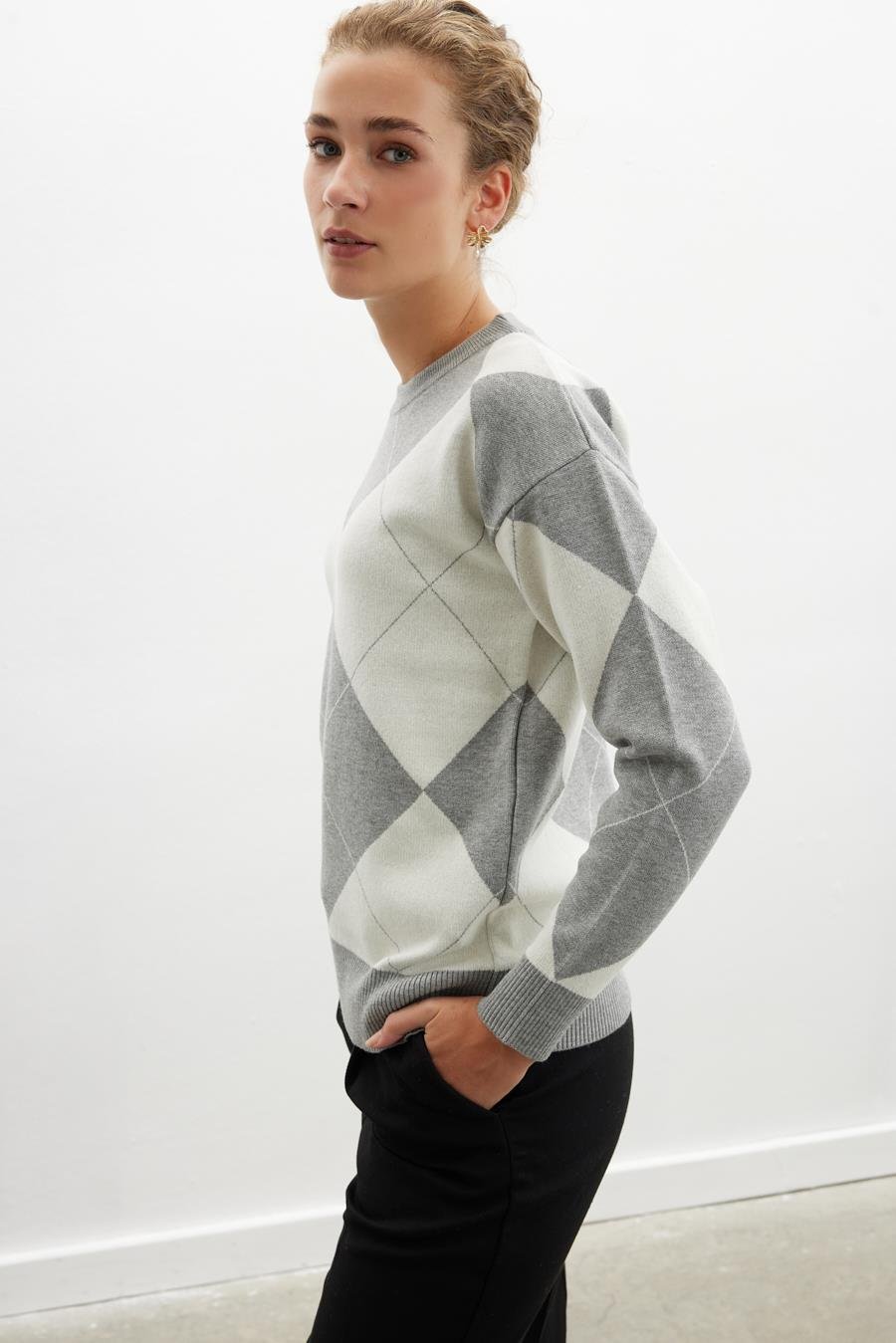 Styleboom X Peraluna OXFORD PULLOVER Bisiklet Yaka Baklava Desen Kadın Triko Kazak - Gri Melanj