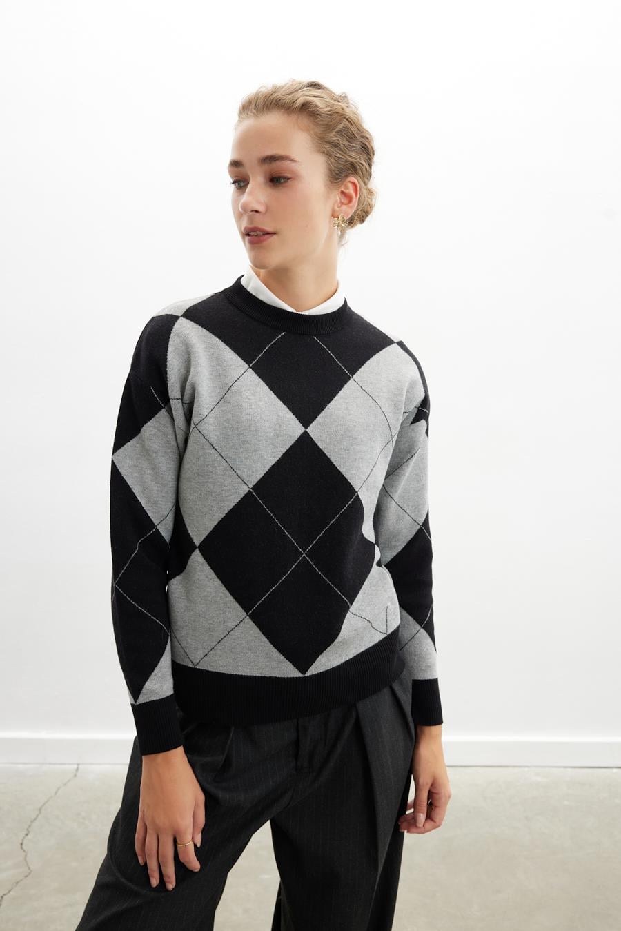 Styleboom X Peraluna OXFORD PULLOVER Bisiklet Yaka Baklava Desen Kadın Triko Kazak - Siyah