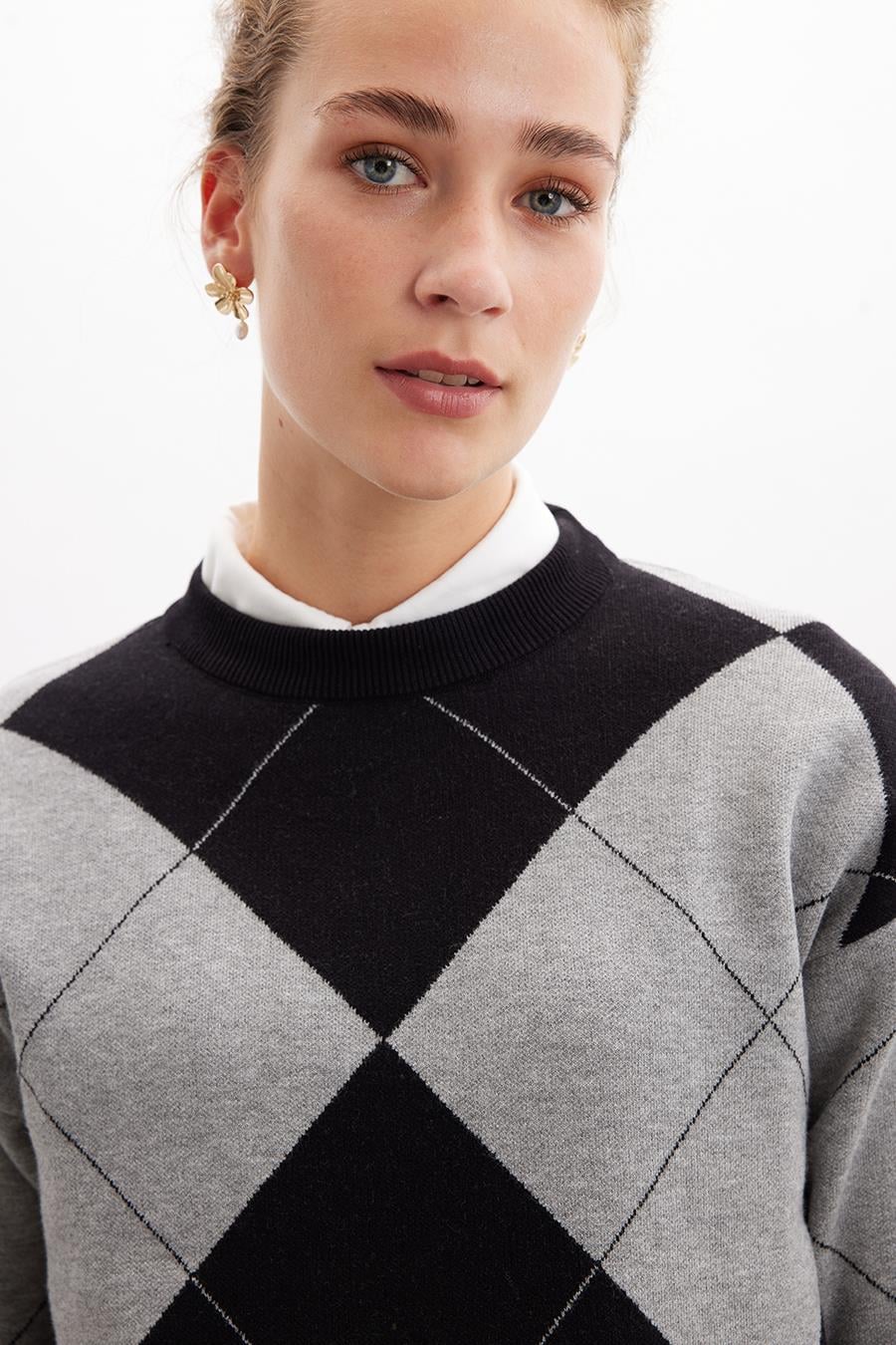 Styleboom X Peraluna OXFORD PULLOVER Bisiklet Yaka Baklava Desen Kadın Triko Kazak - Siyah