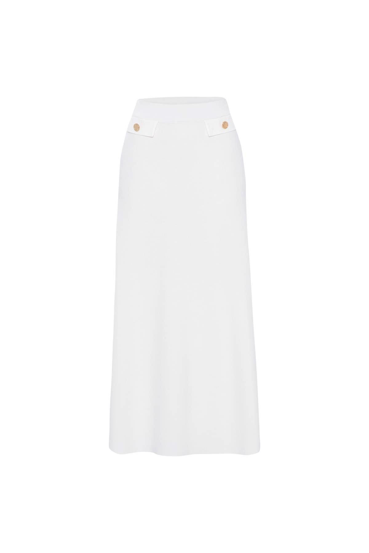 Styleboom X Peraluna VIVIEN SKIRT Düğme Detaylı Diz Altı Kloş Kadın Triko Etek Ekru