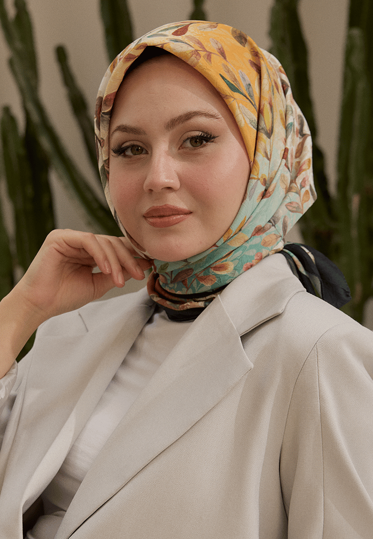 Leaf Desen Bambu Kraş Eşarp Yeşil