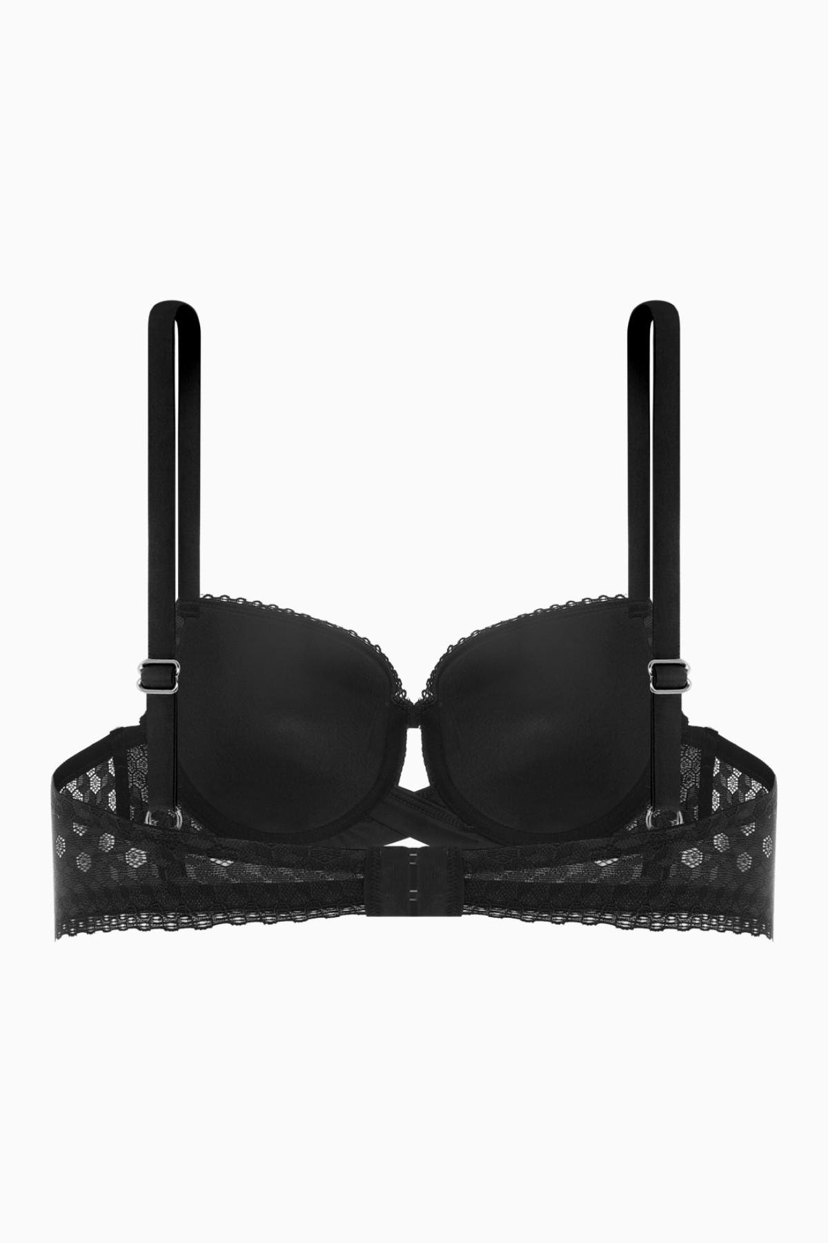 Çapraz Lastik Detaylı Dantelli Dekolte Sütyen  - Dolgusuz - Fashion - 2511 - Siyah