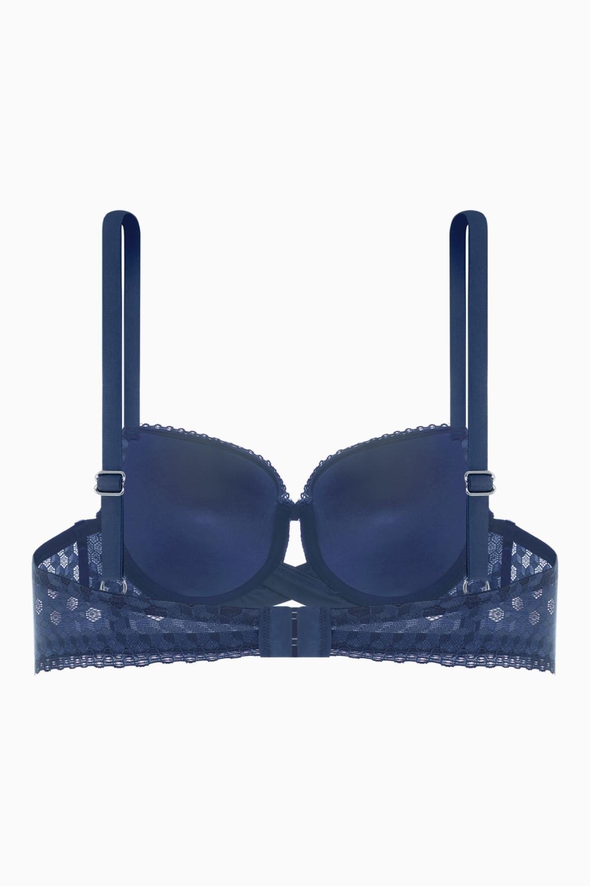 Çapraz Lastik Detaylı Dantelli Dekolte Sütyen  - Dolgusuz - Fashion - 2511 - Mavi