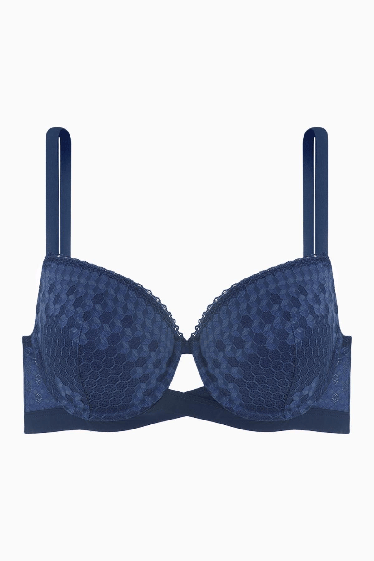Çapraz Lastik Detaylı Dantelli Dekolte Sütyen - Double Push Up - Fashion - 2510 - Mavi