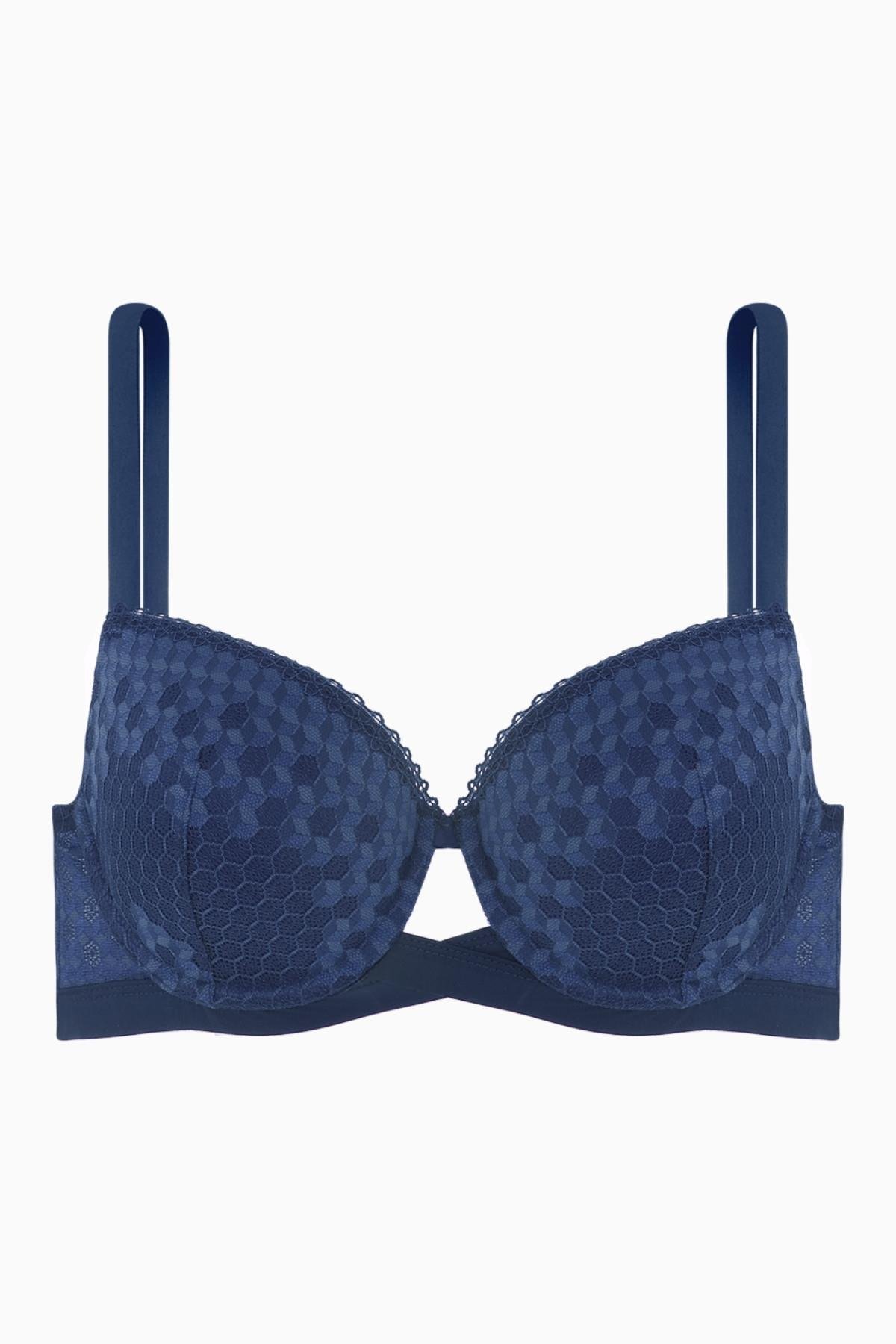 Çapraz Lastik Detaylı Dantelli Dekolte Sütyen  - Dolgusuz - Fashion - 2511 - Mavi
