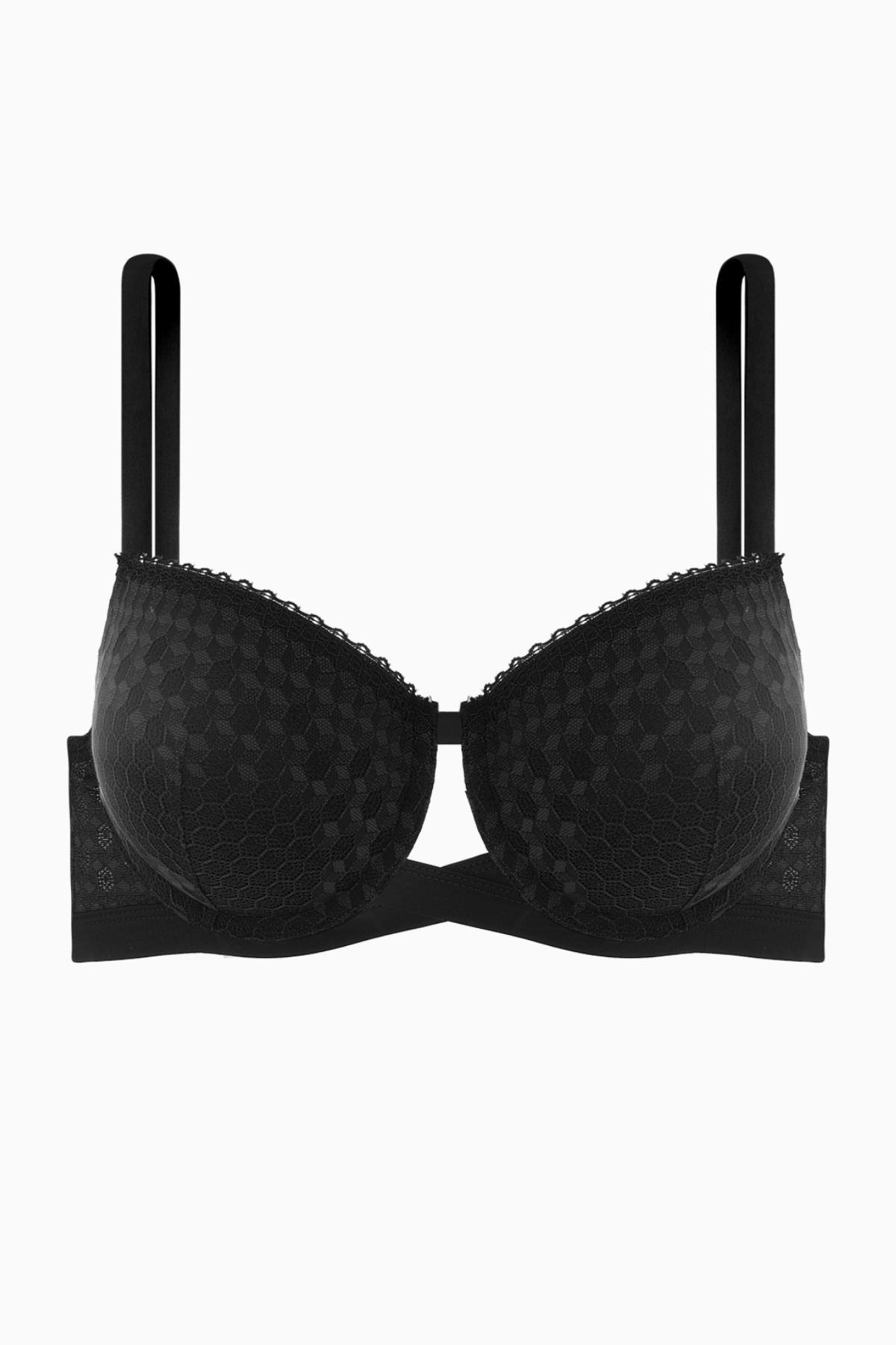Çapraz Lastik Detaylı Dantelli Dekolte Sütyen - Double Push Up - Fashion - 2510 - Siyah