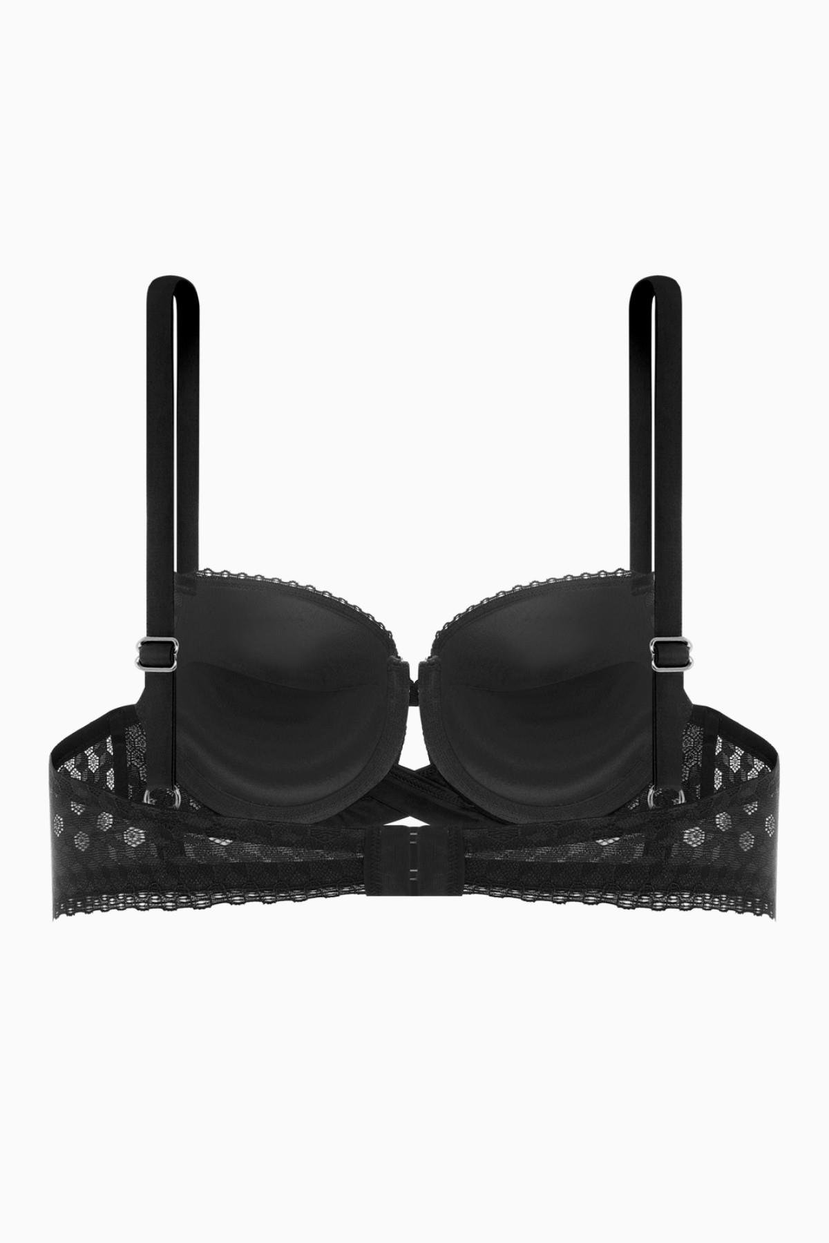 Çapraz Lastik Detaylı Dantelli Dekolte Sütyen - Double Push Up - Fashion - 2510 - Siyah