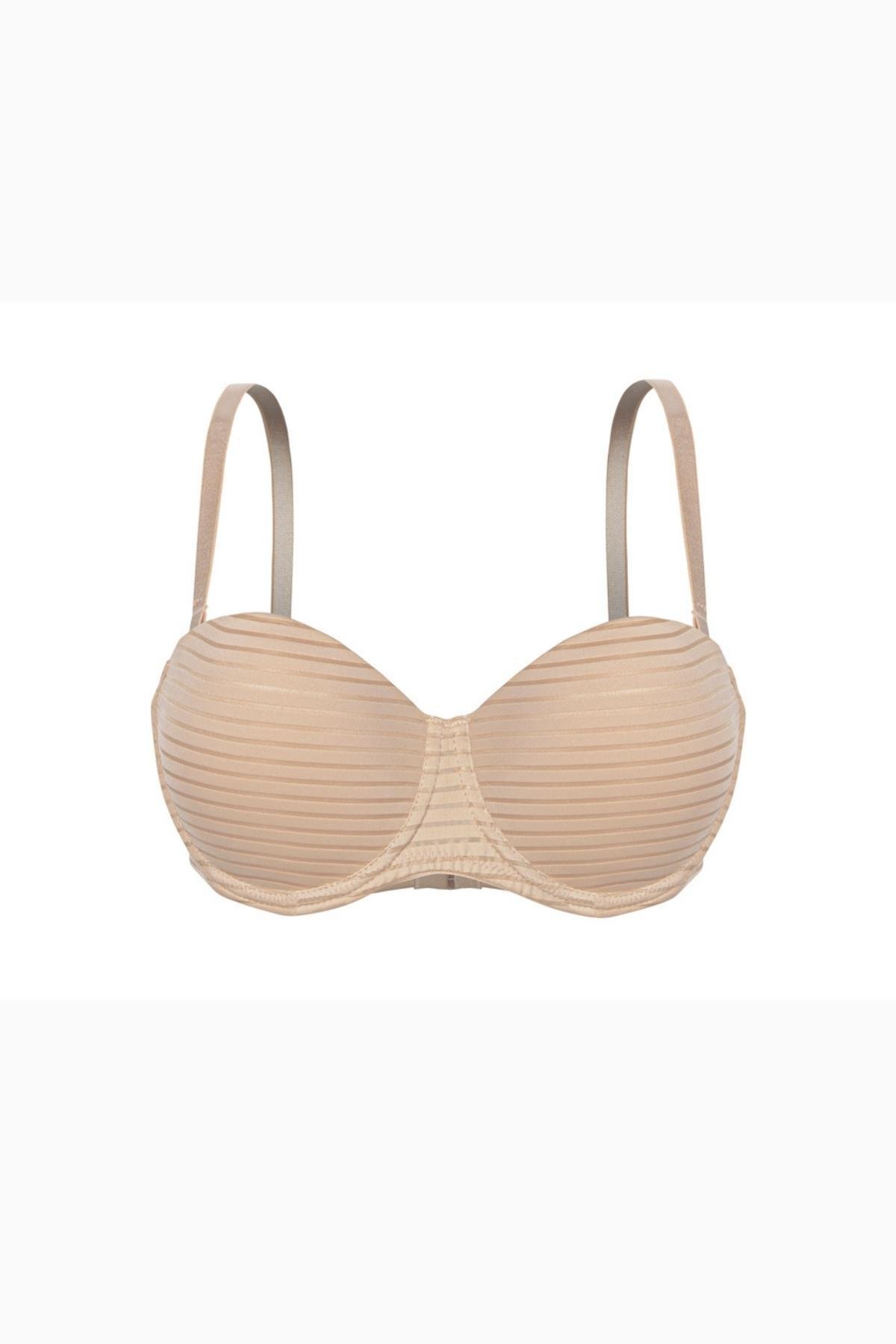 Çizgili Kumaş Straplez Sütyen - Push Up, Dolgulu - 2512 - Açık Kahve