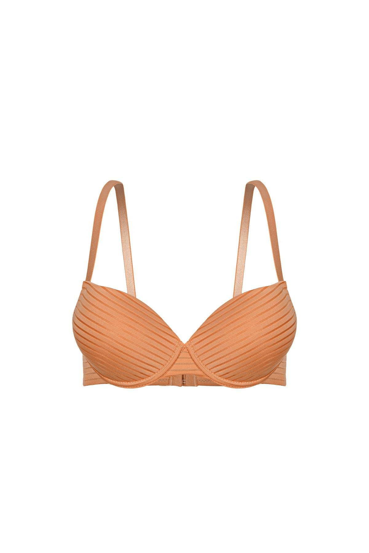 Çizgili Kumaş Sütyen - Push Up, Dolgulu, Balenli - 2514 - Hardal