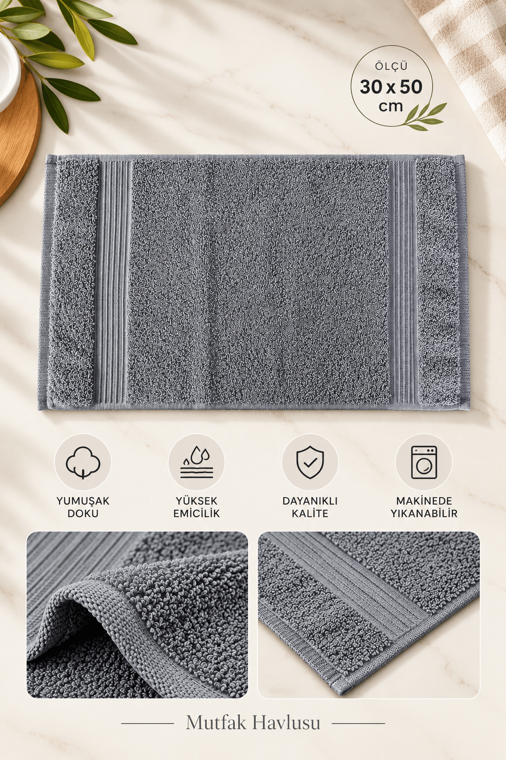ÇetHome 30x50 Antrasit Renk Mutfak Havlusu