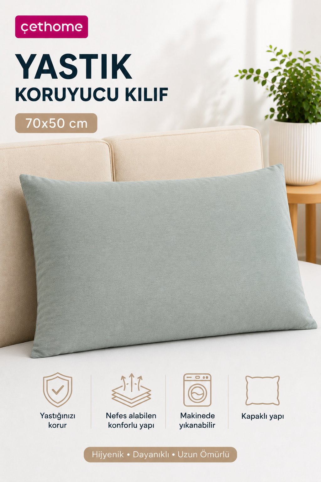 ÇetHome 50x70 cm Gri Yastık Koruyucu Kapaklı Kılıf