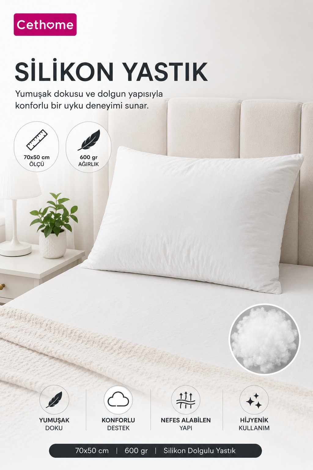 ÇetHome 600 gr Boncuk Silikon 50x70 cm Yastık