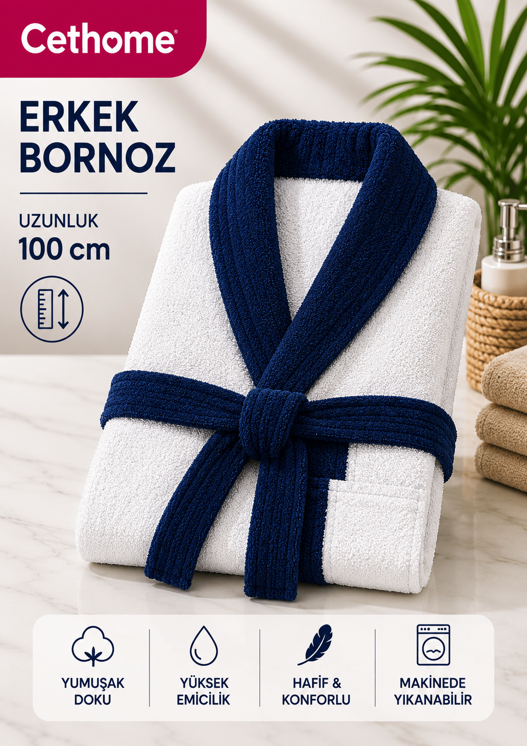 ÇetHome Beyaz Renk Lacivert Kemerli Erkek %100 Pamuklu Bornoz