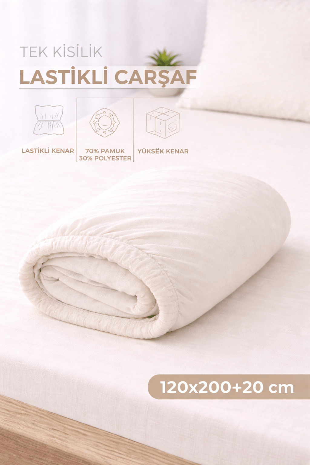ÇetHome Pamuklu Ekru Lastikli Tek Kişilik Çarşaf 120*200 cm