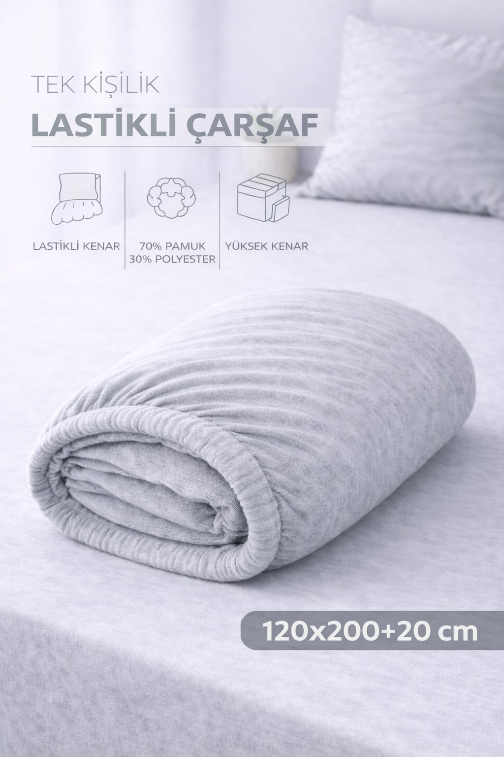 ÇetHome Pamuklu Gri Lastikli Tek Kişilik Çarşaf 120*200 cm