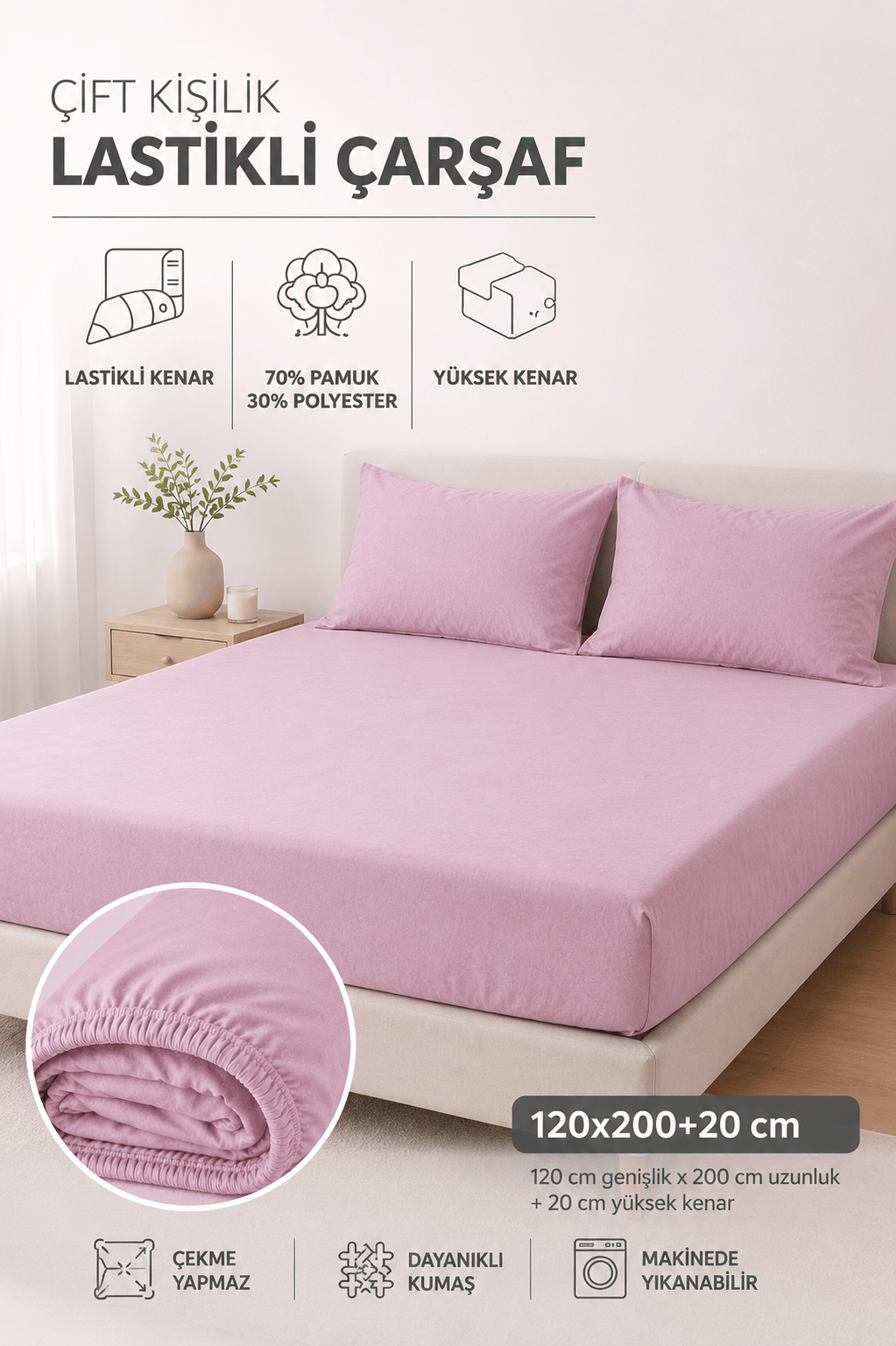 ÇetHome Pamuklu Pembe Lastikli Çift Kişilik Çarşaf 160*200 cm