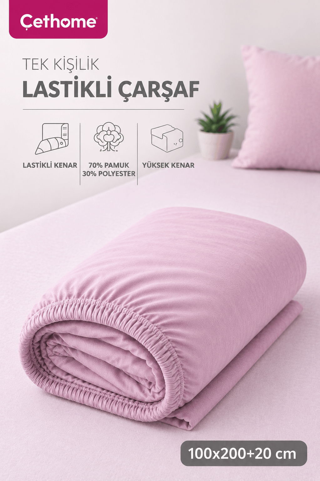ÇetHome Pamuklu Gül Kurusu Lastikli Tek Kişilik Çarşaf 120*200 cm