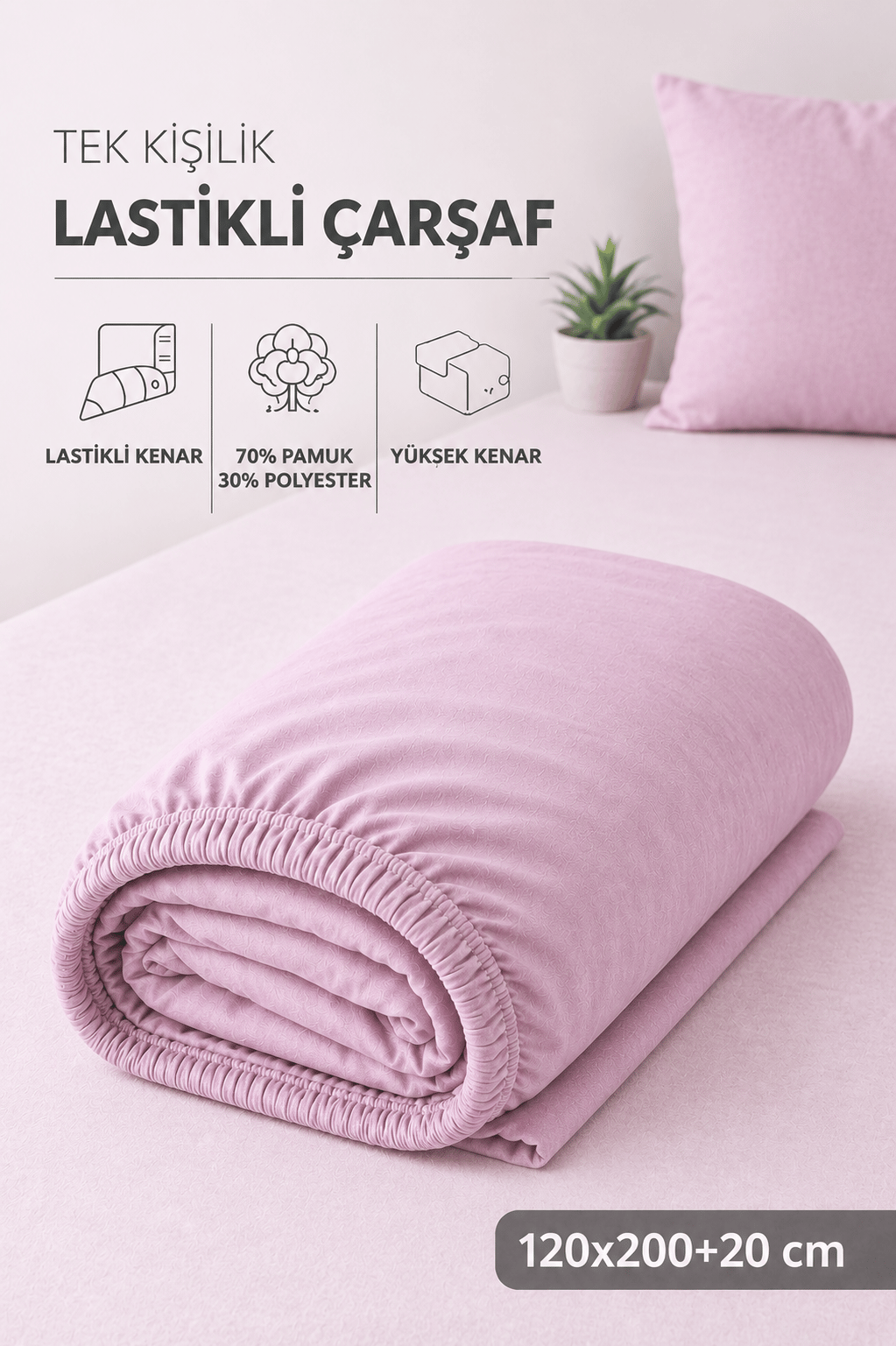 ÇetHome Pamuklu Gül Kurusu Lastikli Tek Kişilik Çarşaf 120*200 cm