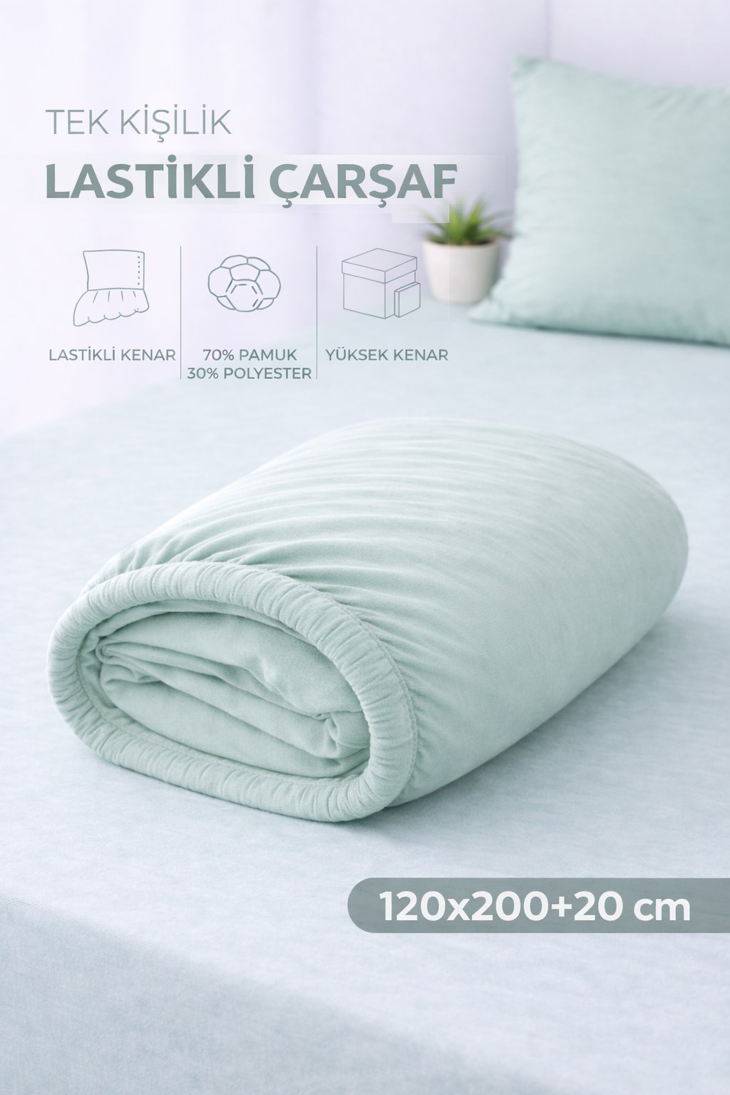 ÇetHome Pamuklu Yeşil Lastikli Tek Kişilik Çarşaf 120*200 cm