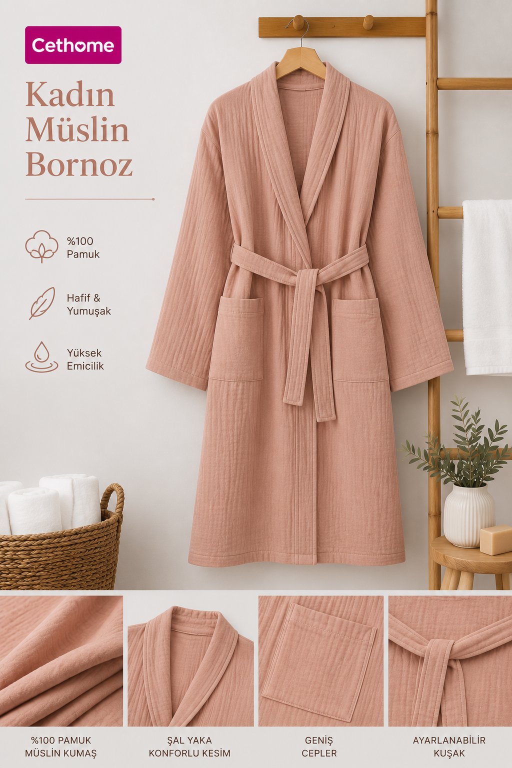 ÇetHome Pembe Renk Kemerli %100 Pamuklu Müslin Kumaş Bornoz