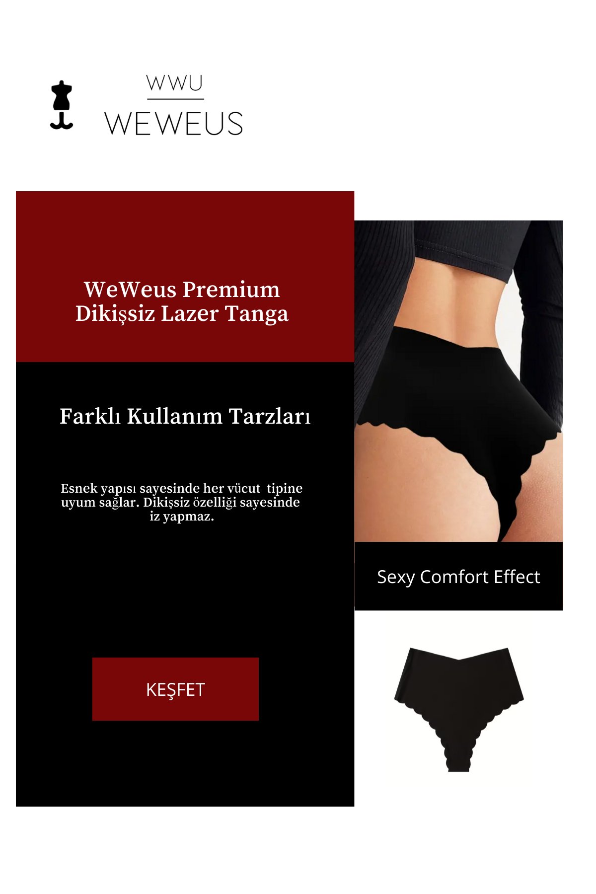 WeWeus Siyah Dikişsiz Lazer Kesim Yüksek Bel Tanga 