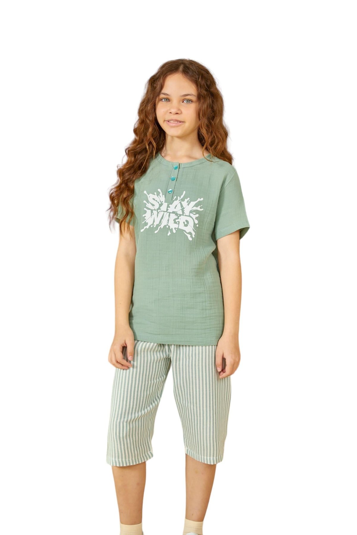 Weweus Yeşil Kız Çocuk Düğmeli Pijama Takımı 805