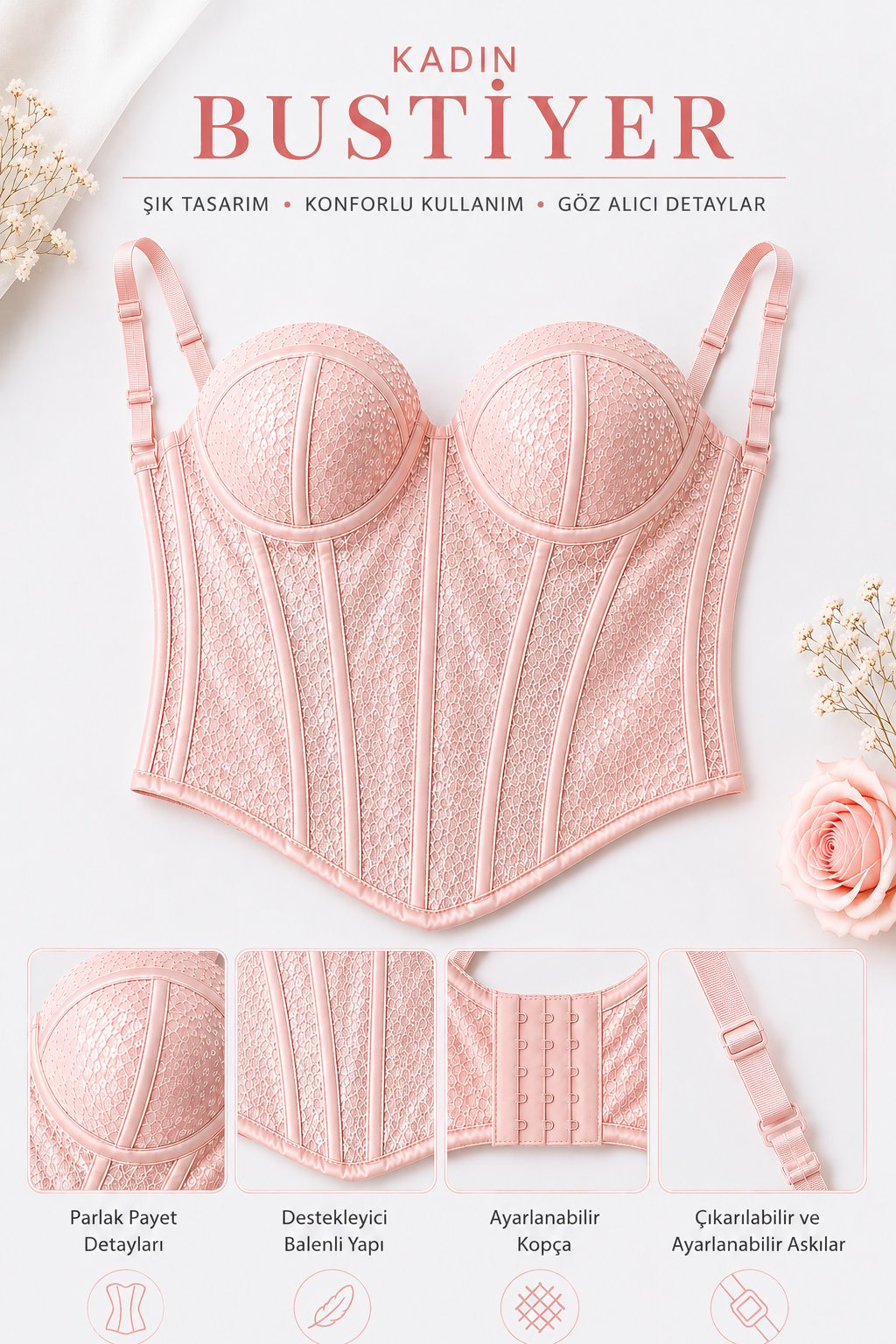 Pembe Renk Pullu Parlak Korse Bustiyer