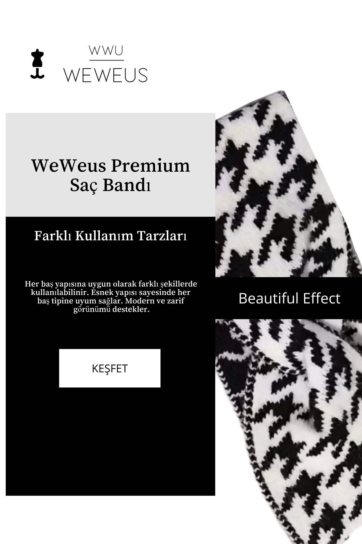 WeWeus Beyaz Siyah Kışlık Premium Kadın Saç Bandı