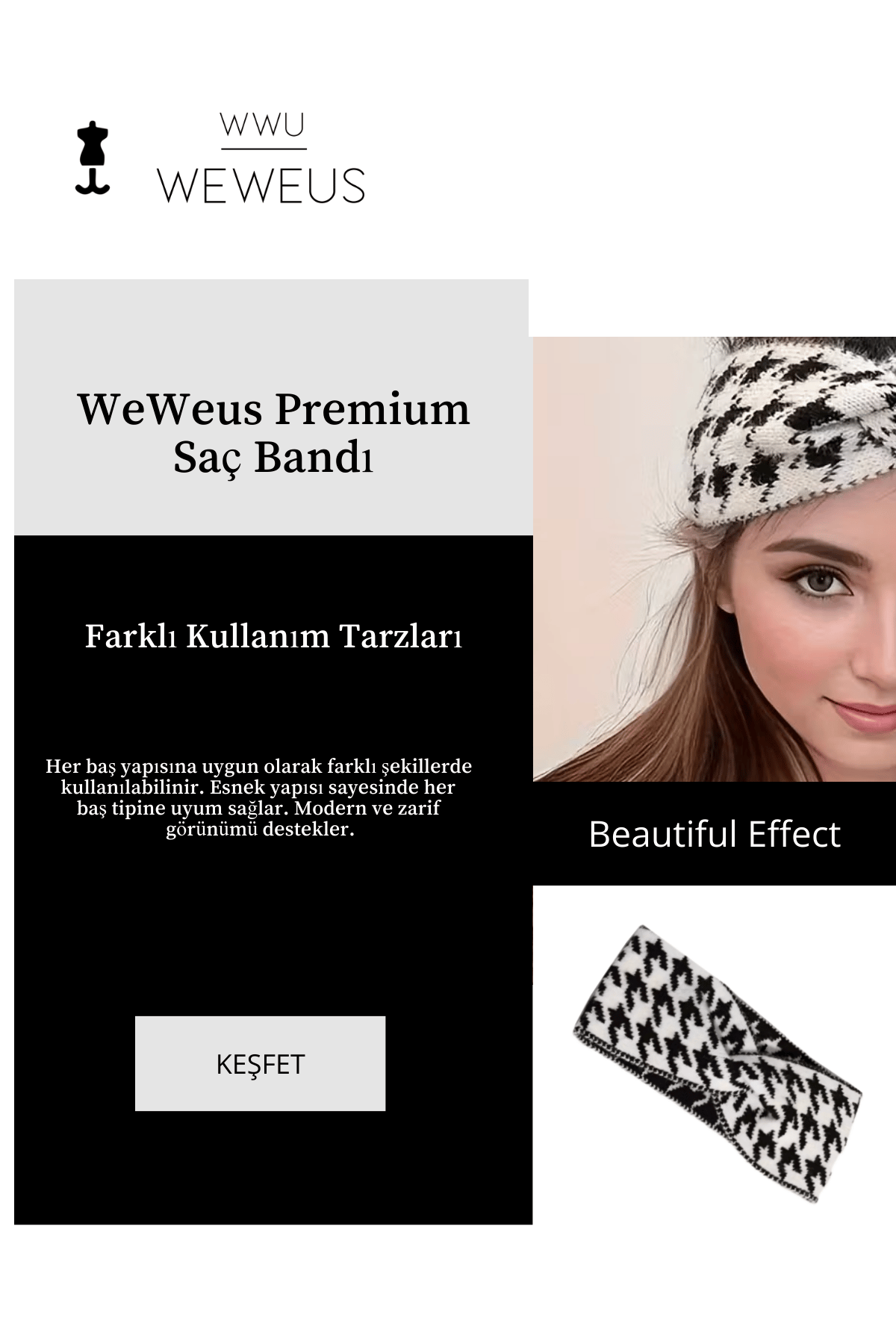 WeWeus Beyaz Siyah Kışlık Premium Kadın Saç Bandı