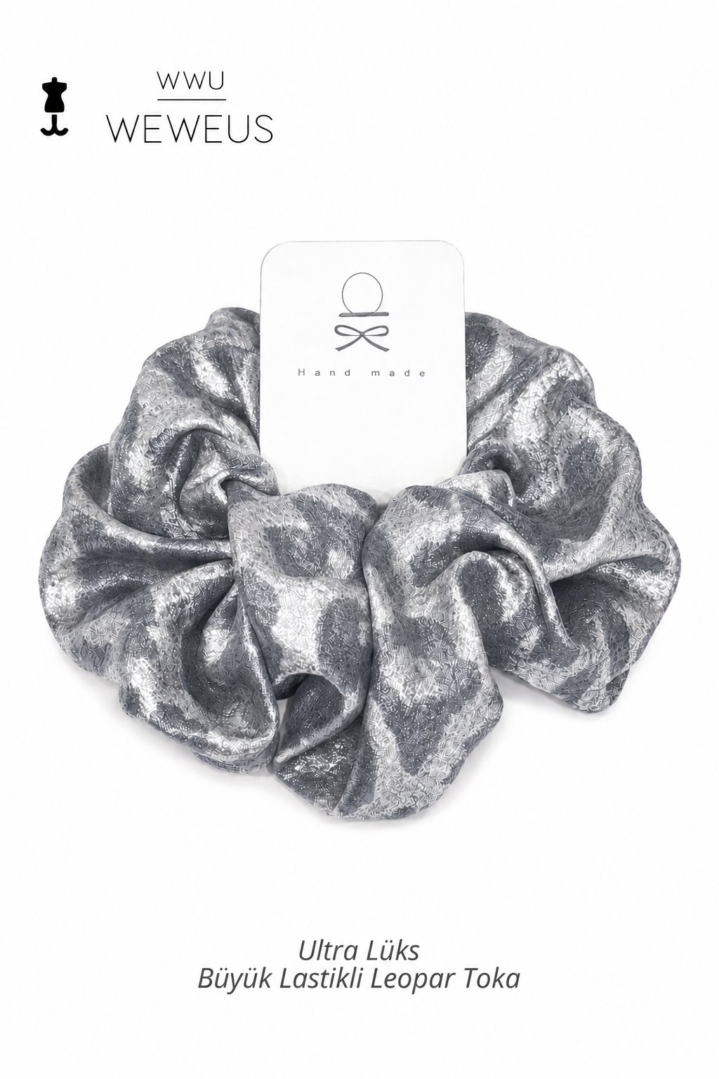 WeWeus Büyük Beyaz Gri Leopar Premium Saten Lastik Scrunchie Toka