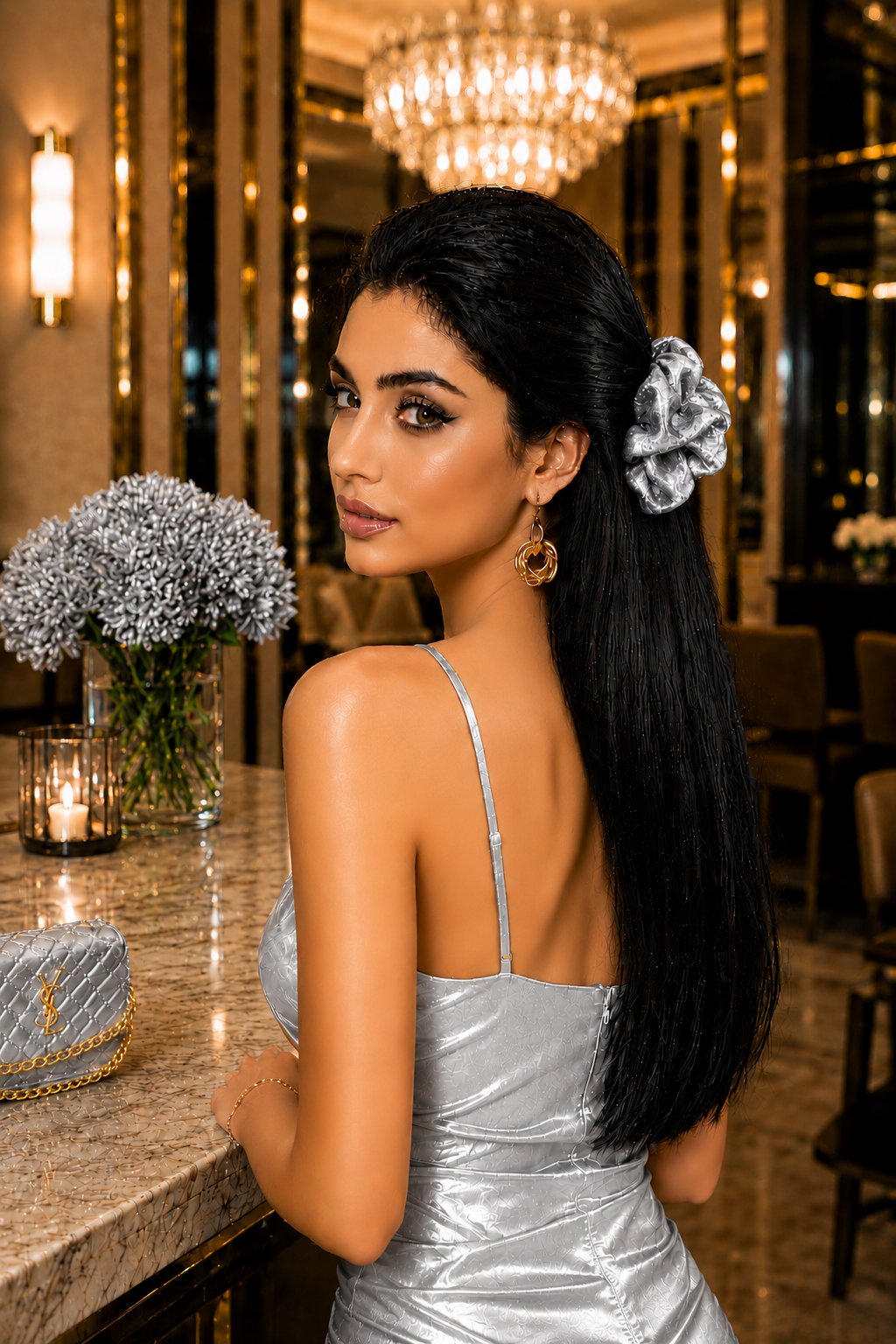 WeWeus Büyük Beyaz Gri Leopar Premium Saten Lastik Scrunchie Toka