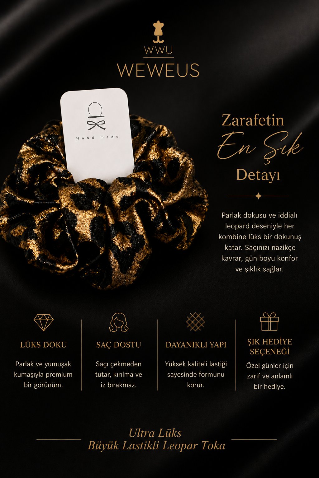 WeWeus Büyük Siyah Gold Leopar Premium Saten Lastik Toka