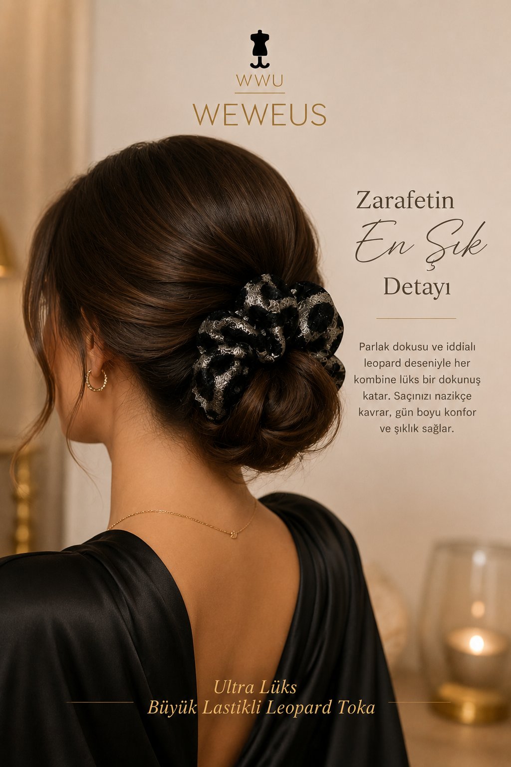 WeWeus Büyük Siyah Gri Leopar Premium Saten Lastik Scrunchie Toka
